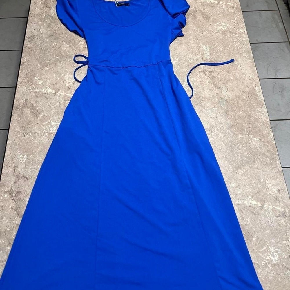 Sampeel Royal Blue Flutter Sleeve Tie Back Maxi Dress Small NWT